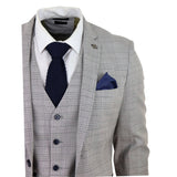 Hugo Men's Light Grey 3-Piece Suit with Navy Blue Check and Velvet Trims