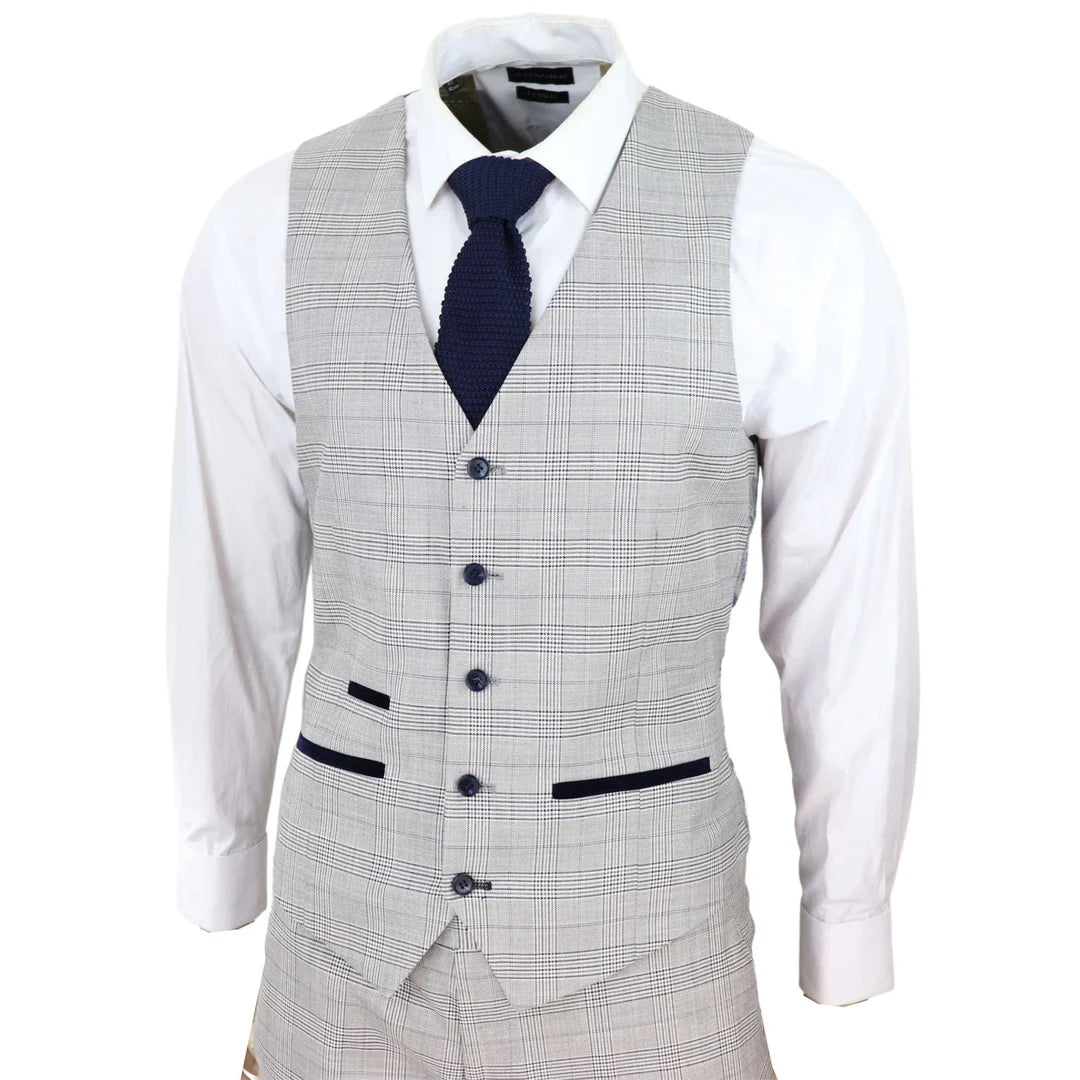 Hugo Men's Light Grey 3-Piece Suit with Navy Blue Check and Velvet Trims