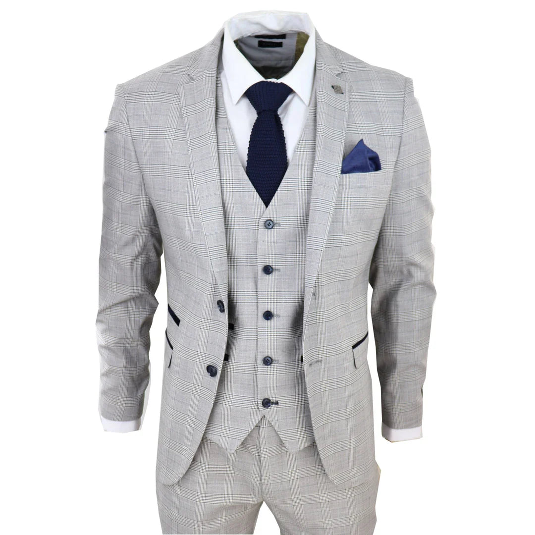 Hugo Men's Light Grey 3-Piece Suit with Navy Blue Check and Velvet Trims