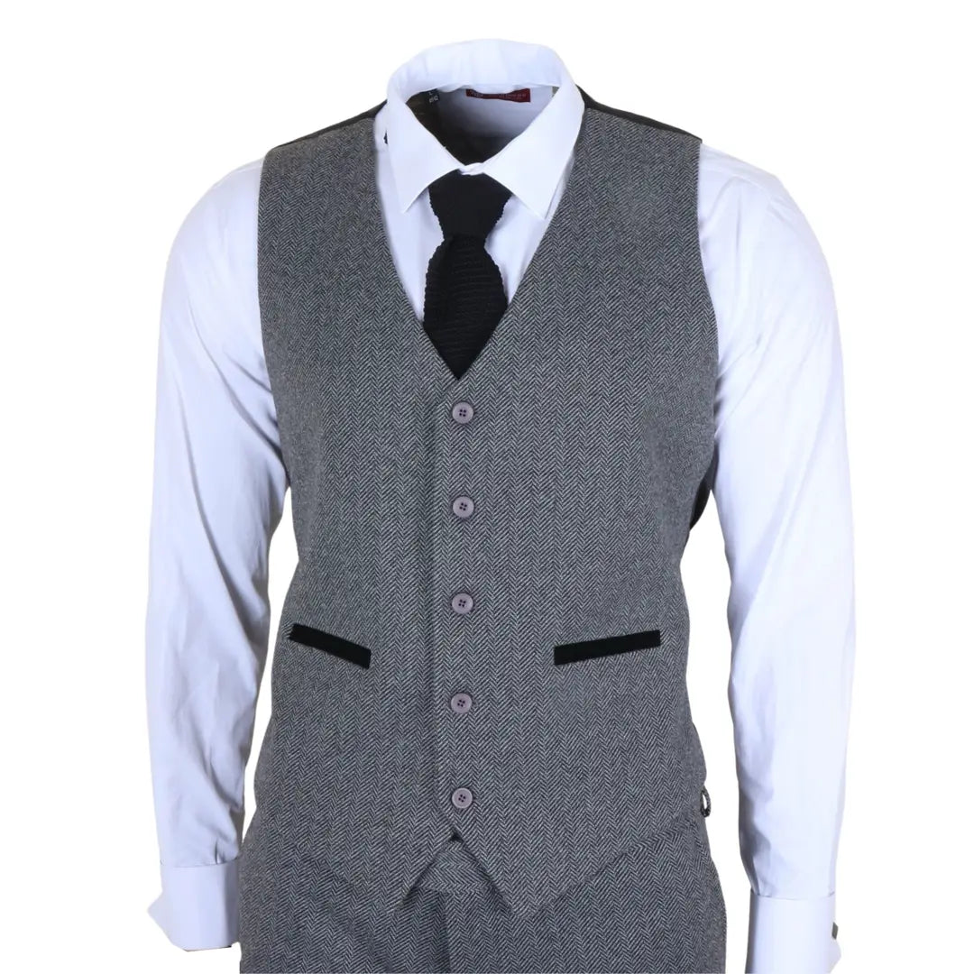 IM41 - Szürke, háromrészes, halszálkás tweed öltöny férfiaknak