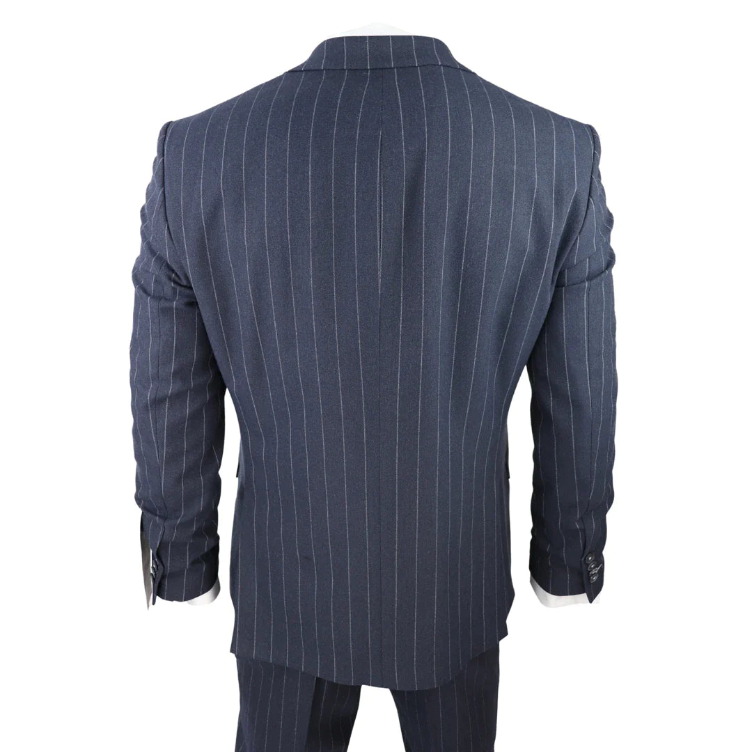 Mens 3 Piece Suit Pin Stripe Navy Classic Vintage Retro 1920s Tailored Fit Wedding