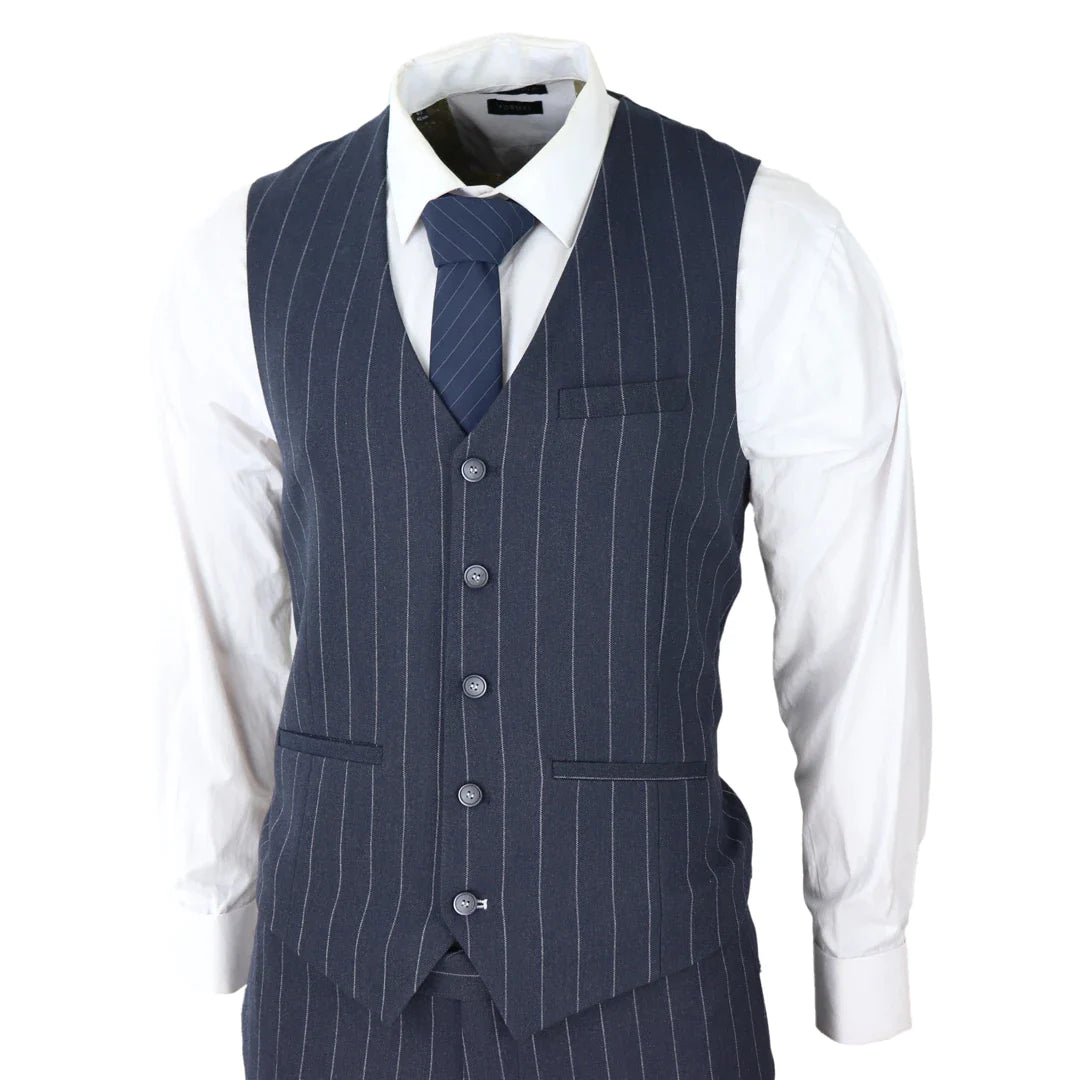 Mens 3 Piece Suit Pin Stripe Navy Classic Vintage Retro 1920s Tailored Fit Wedding