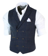 Mens Double Breasted Herringbone Tweed Peaky Blinders Vintage Check Waistcoat Navy Blue