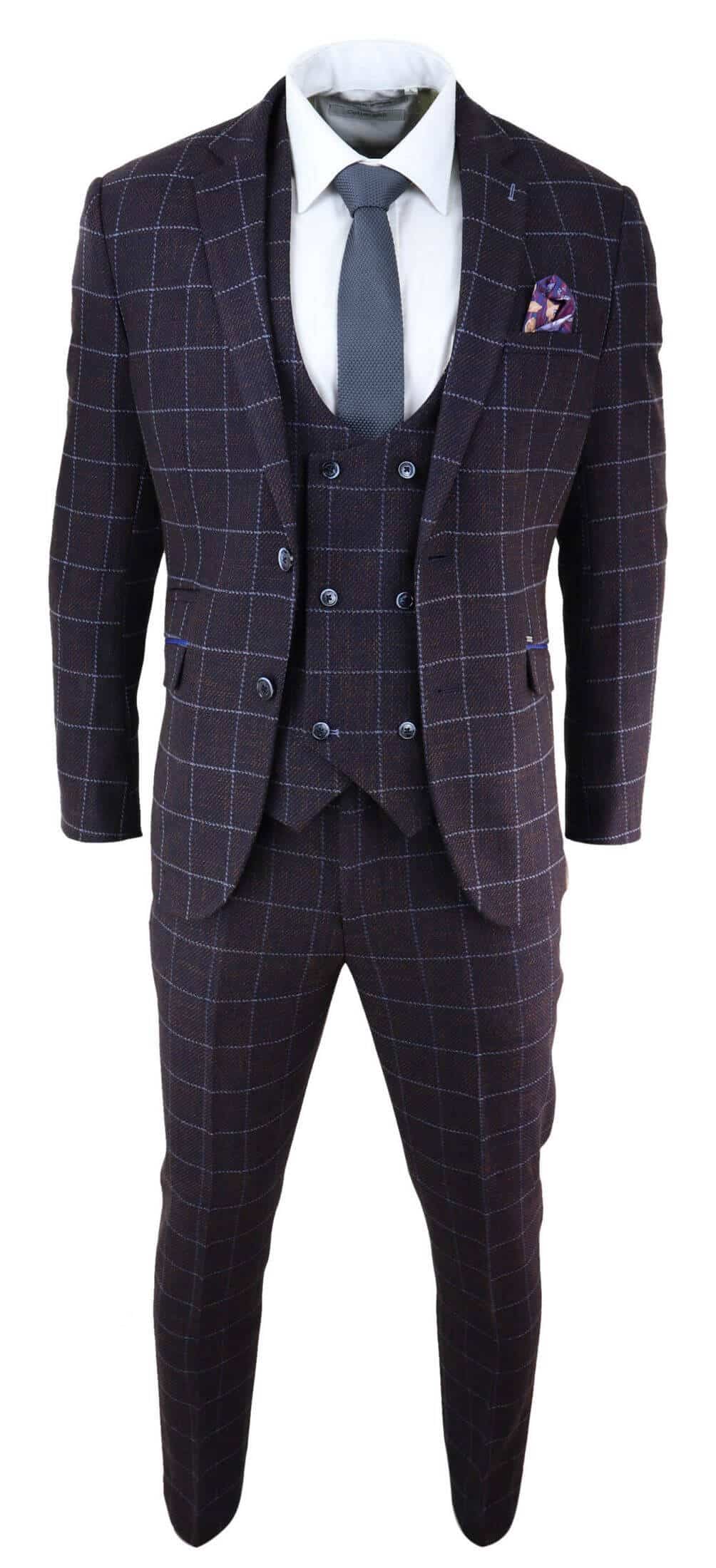 Mens Plum Check 3 Piece Suit