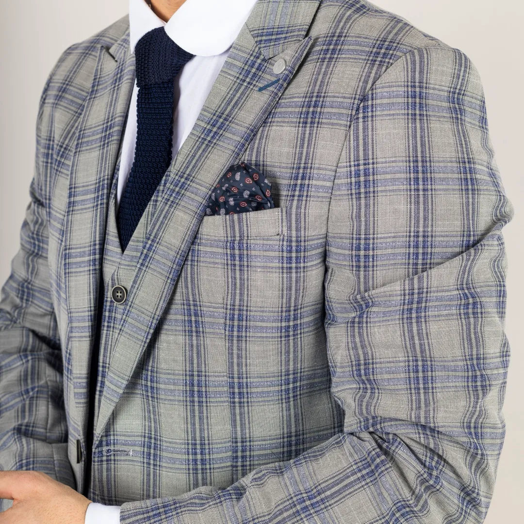 Knight Men's 3-Piece Grey and Blue Checked Suit