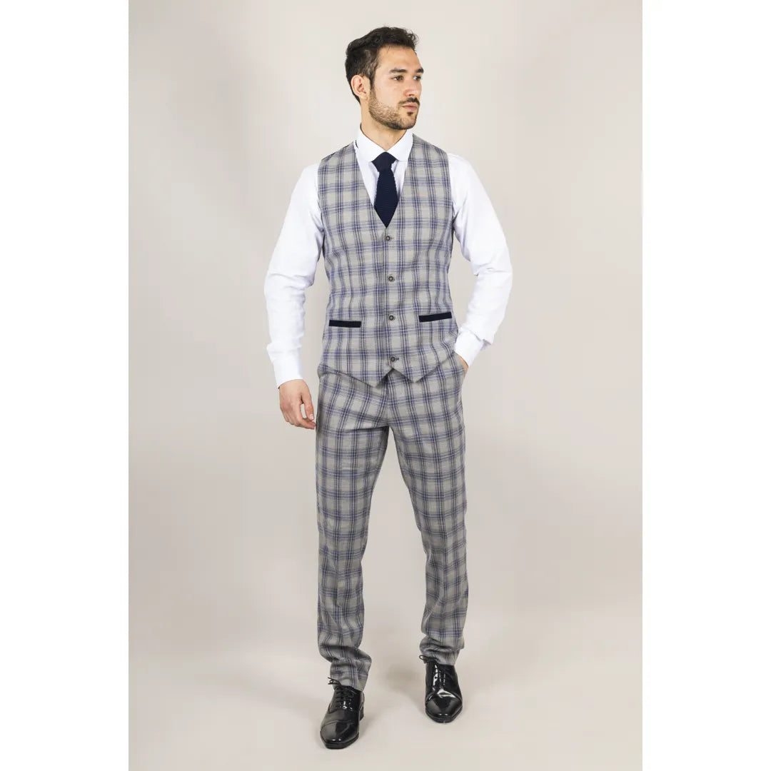 Knight Men's 3-Piece Grey and Blue Checked Suit