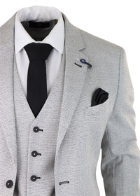 Mens 3 Piece Light Grey Black Check Suit Tailored Fit Retro Vintage Classic Smart