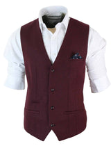 Marc Darcy Len Mati - Mens Slim Fit Burgundy Maroon Black Herringbone Tweed Vintage Retro Waistcoat
