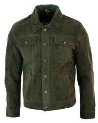 Real Suede Leather Mens Vintage Short Denim Style Retro Jean Jacket Casual - Olive Color