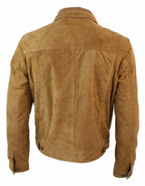 Real Suede Leather Mens Vintage Short Denim Style Retro Jean Jacket Casual - Brown Color