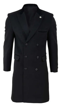 Mens 3/4 Long Double Breasted Black Overcoat