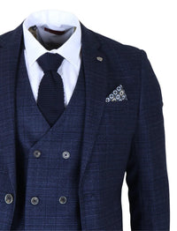 Luis - Férfi kék kockás, karcsúsított, háromrészes öltöny