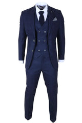 Luis - Férfi kék kockás, karcsúsított, háromrészes öltöny