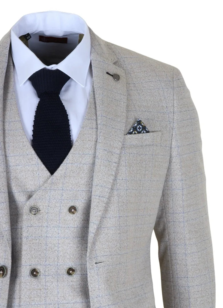 Luis - Férfi krémszínű, kockás, karcsúsított, háromrészes öltöny