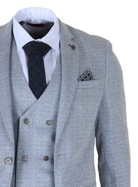 Luis - Férfi világoskék kockás, karcsúsított, háromrészes öltöny