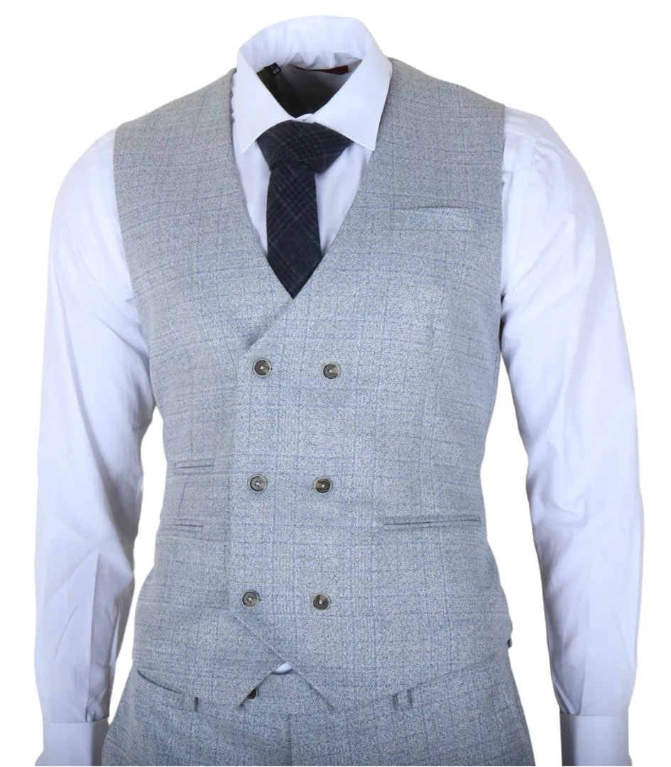 Luis - Férfi világoskék kockás, karcsúsított, háromrészes öltöny