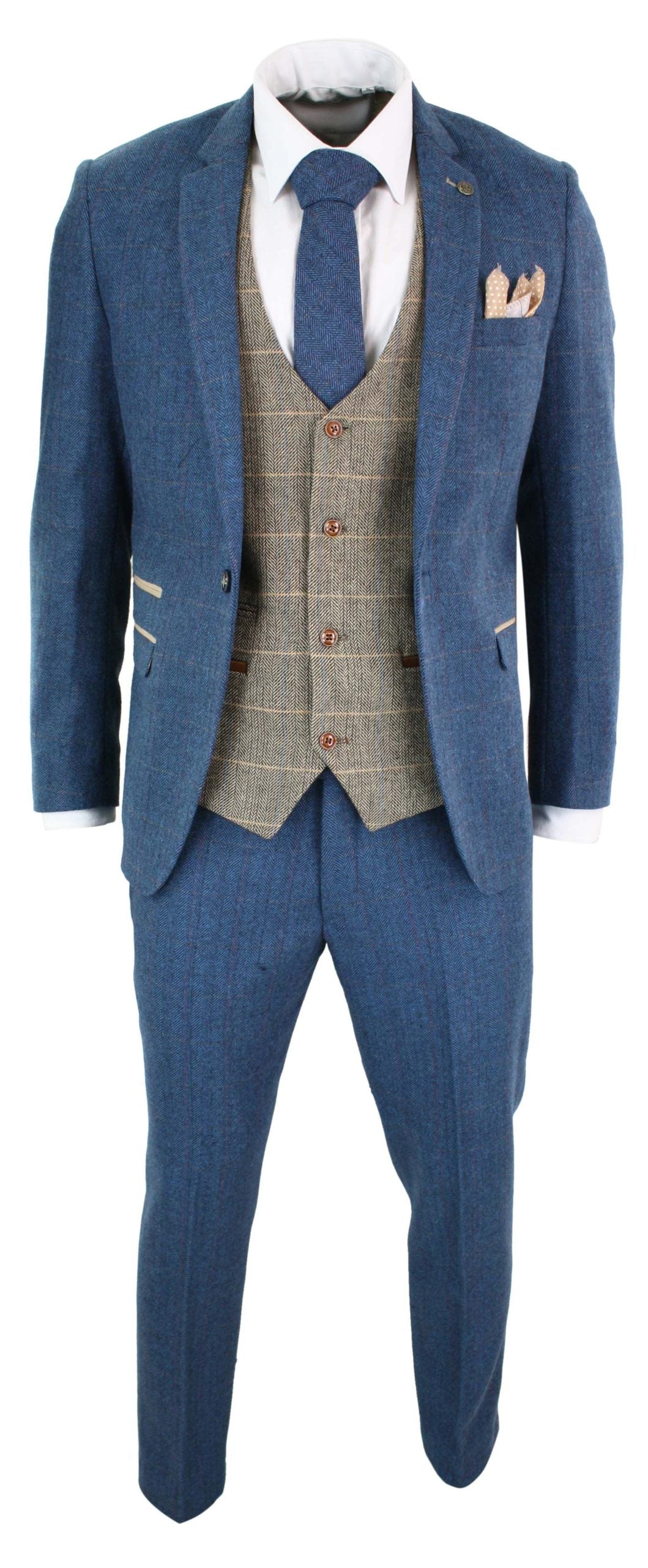 Marc Darcy Dion - Mens Blue Tan Brown 3 Piece Herringbone Tweed Check Vintage Tailored Fit Suit