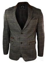 Mens Check Vintage Herringbone Tweed Grey Charcoal Blazer Jacket Fitted-Tan