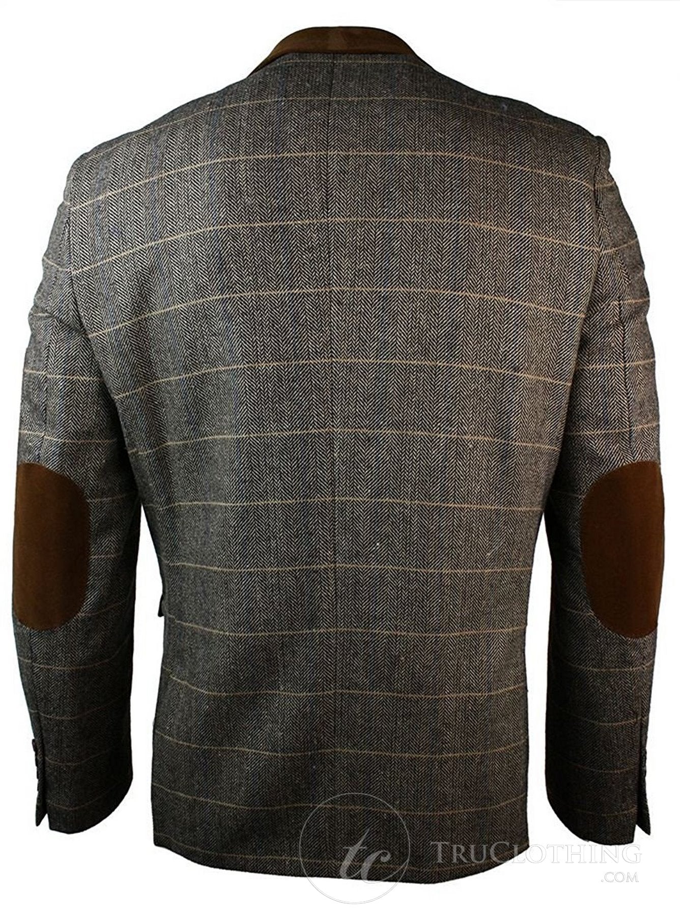 Mens Check Vintage Herringbone Tweed Grey Charcoal Blazer Jacket Fitted-Tan