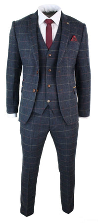 Mens Navy Blue Wine Check Herringbone Tweed Vintage 3 Piece New Marc Darcy Suit