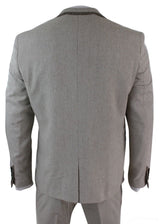 Mens Herringbone Tweed 3 Piece Suit Velvet Trim Classic Vintage Slim Fit Beige