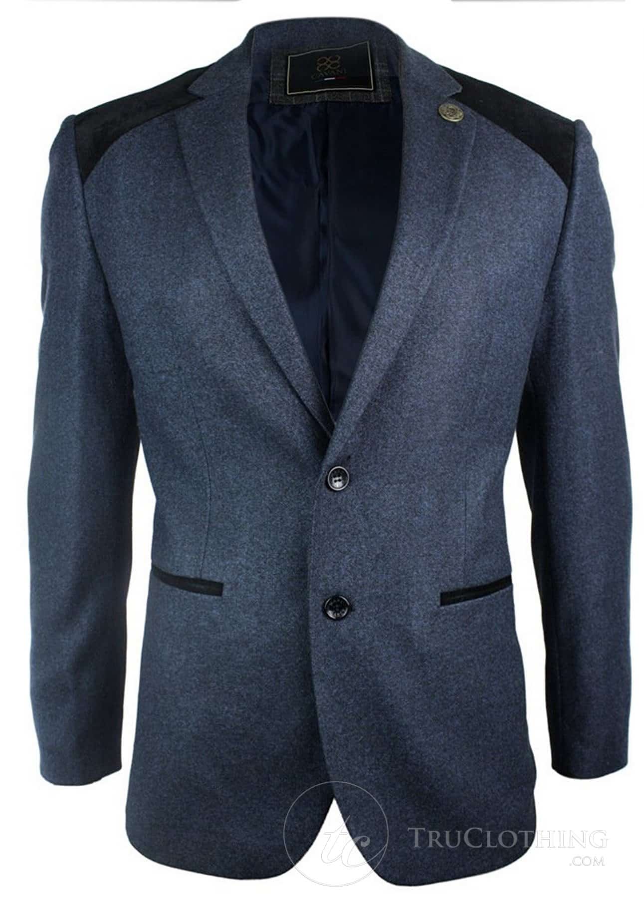 Mens Navy Blue Vintage Twead Blazer Jacket Black Velvet Elbow Smart Casual
