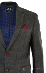 Mens Grey Check Herringbone Tweed Vintage Fit Blazer Jacket Blue Velvet Trim-Tan