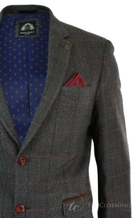Mens Grey Check Herringbone Tweed Vintage Fit Blazer Jacket Blue Velvet Trim-Tan