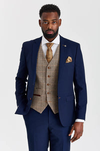 Mayfair sötétkék texturált öltöny Harris barna tweed mellénnyel kontrasztos mintával