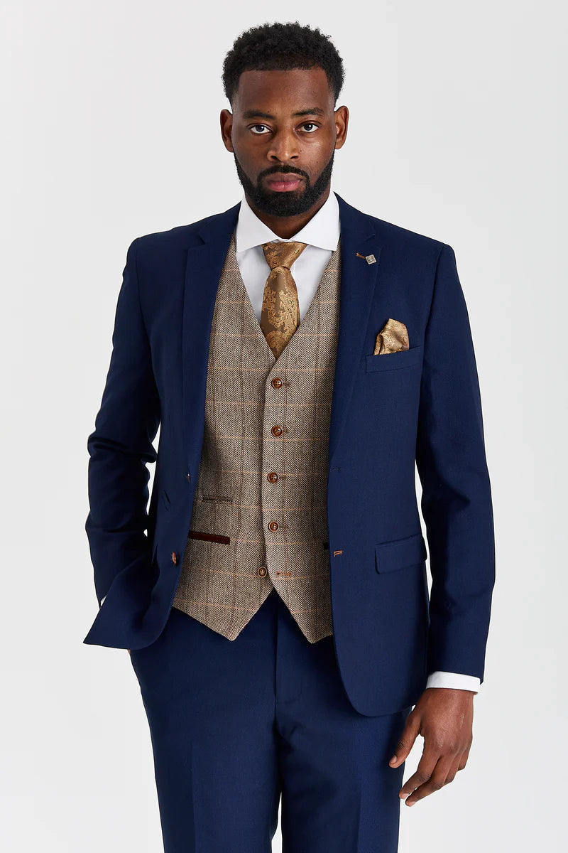 Mayfair sötétkék texturált öltöny Harris barna tweed mellénnyel kontrasztos mintával