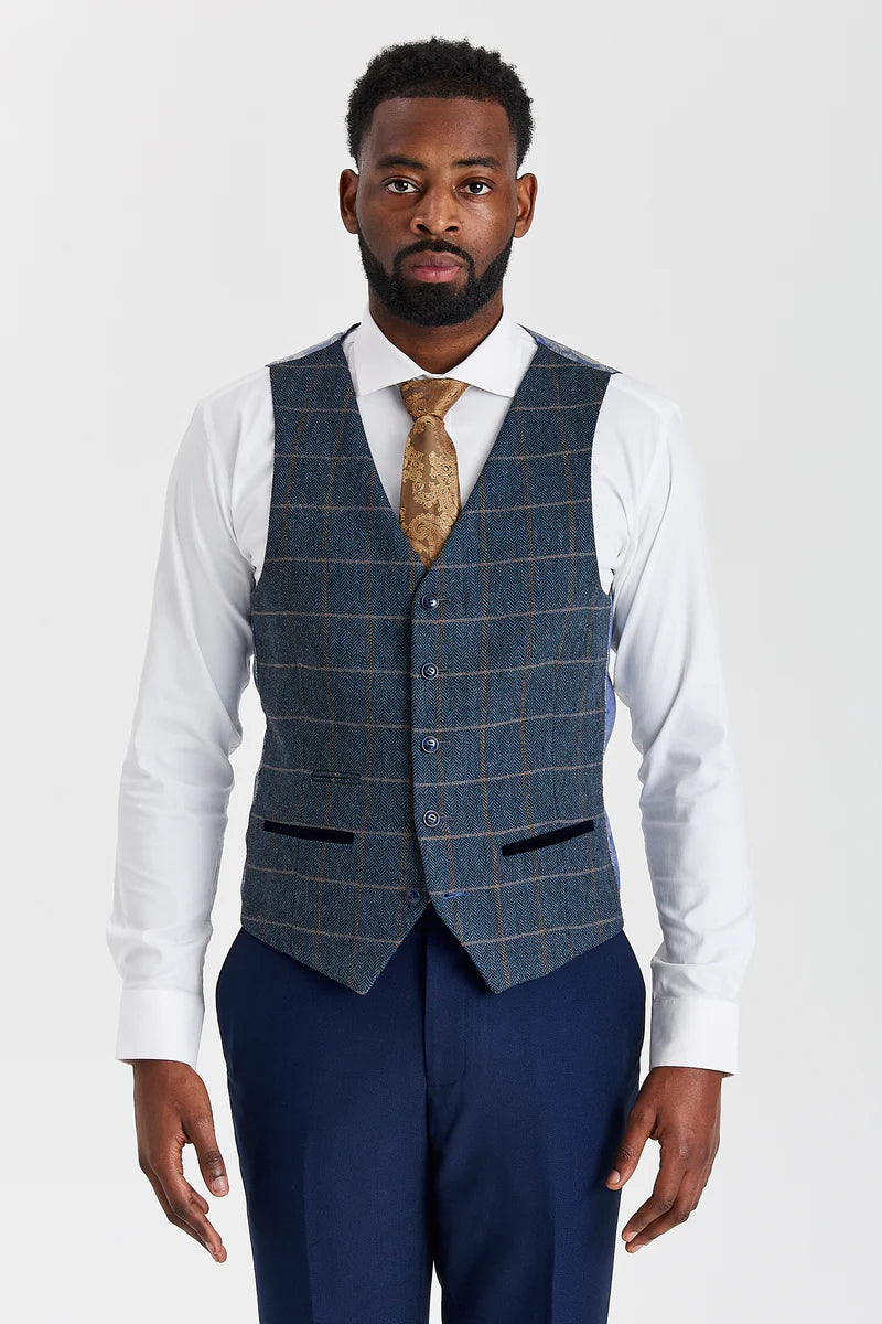 Mayfair sötétkék texturált öltöny Harris sötétkék kontrasztos tweed mellénnyel