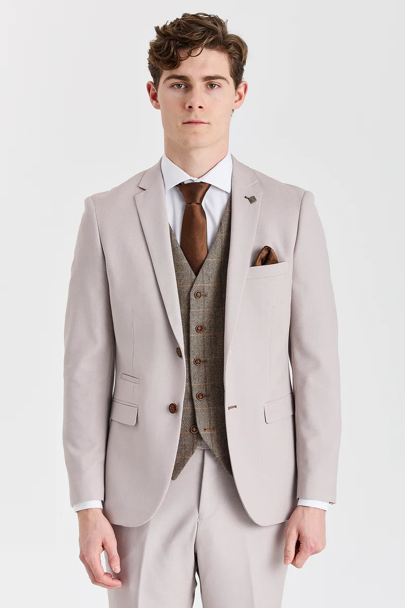 Mayfair kőtextúrájú öltöny Harris barna tweed mellénnyel