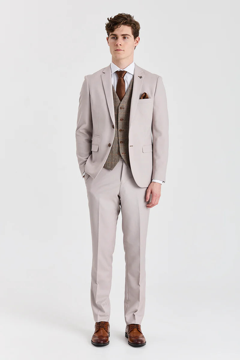 Mayfair kőtextúrájú öltöny Harris barna tweed mellénnyel