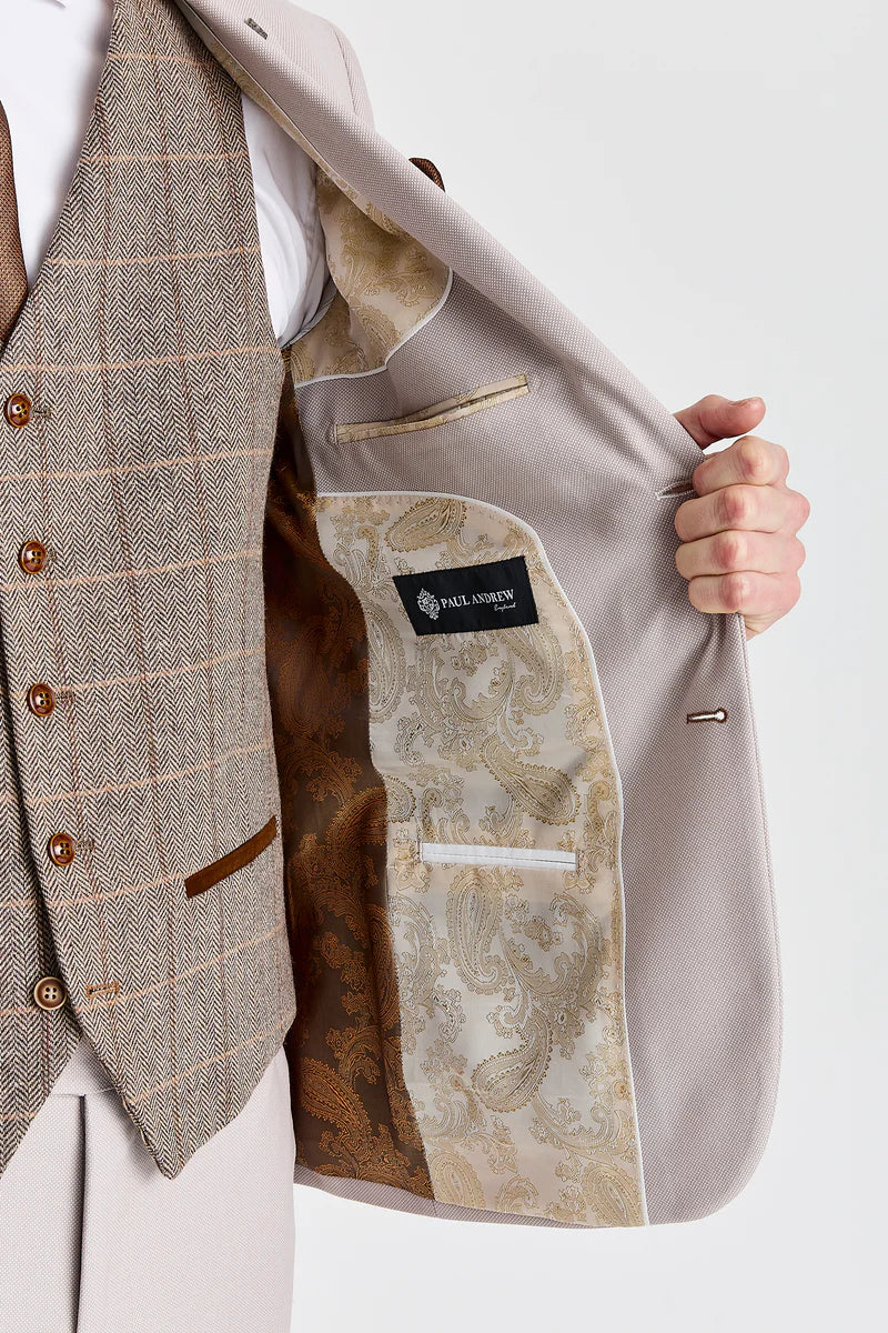 Mayfair kőtextúrájú öltöny Harris barna tweed mellénnyel