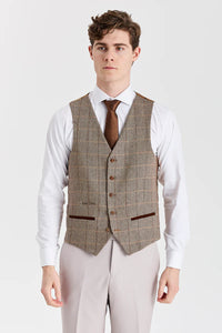 Mayfair kőtextúrájú öltöny Harris barna tweed mellénnyel