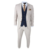 Mayfair - Men's 3 Piece Cream Suit With Navy Waistcoat
