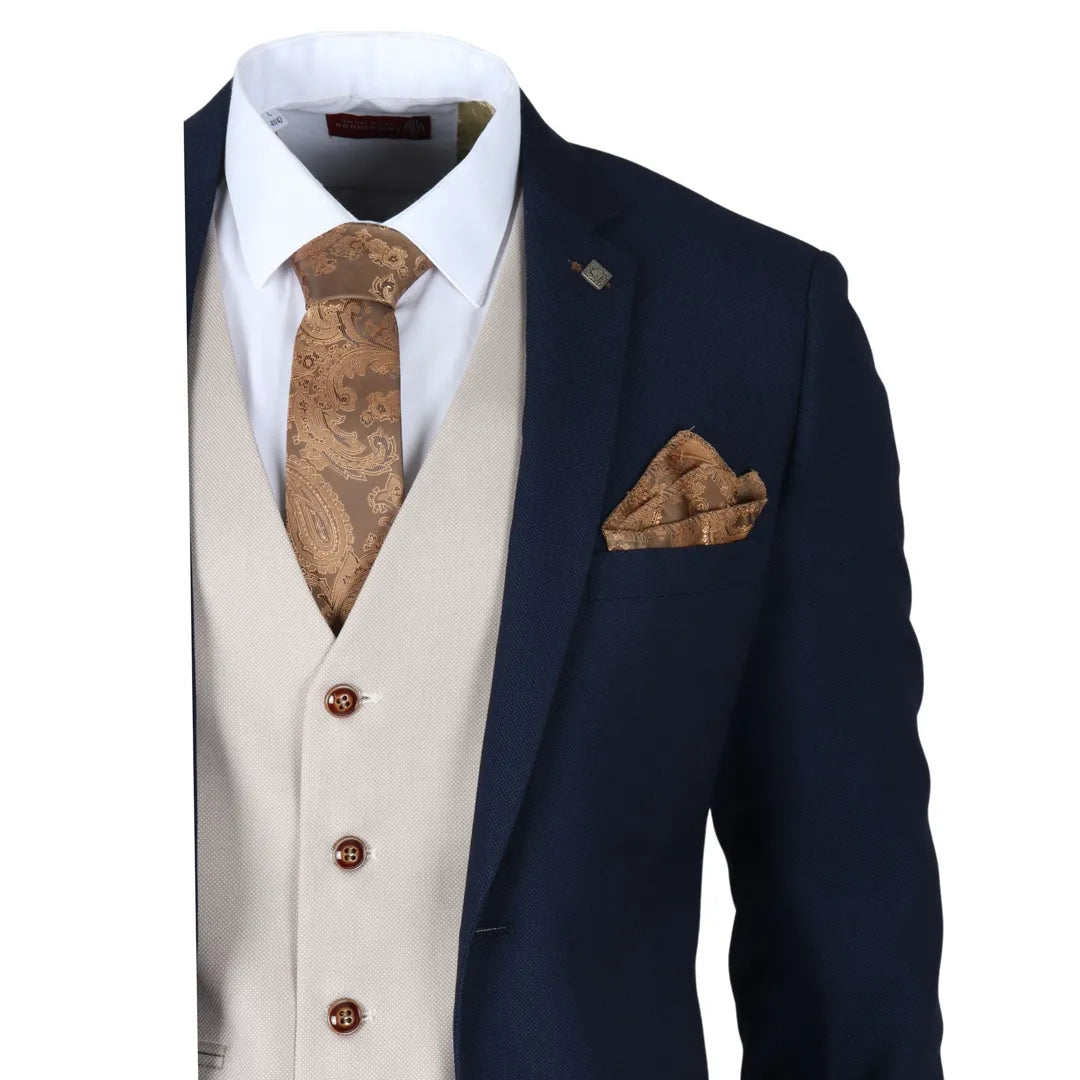 Mayfair - Men's 3 Piece Navy Suit With Cream Waistcoat