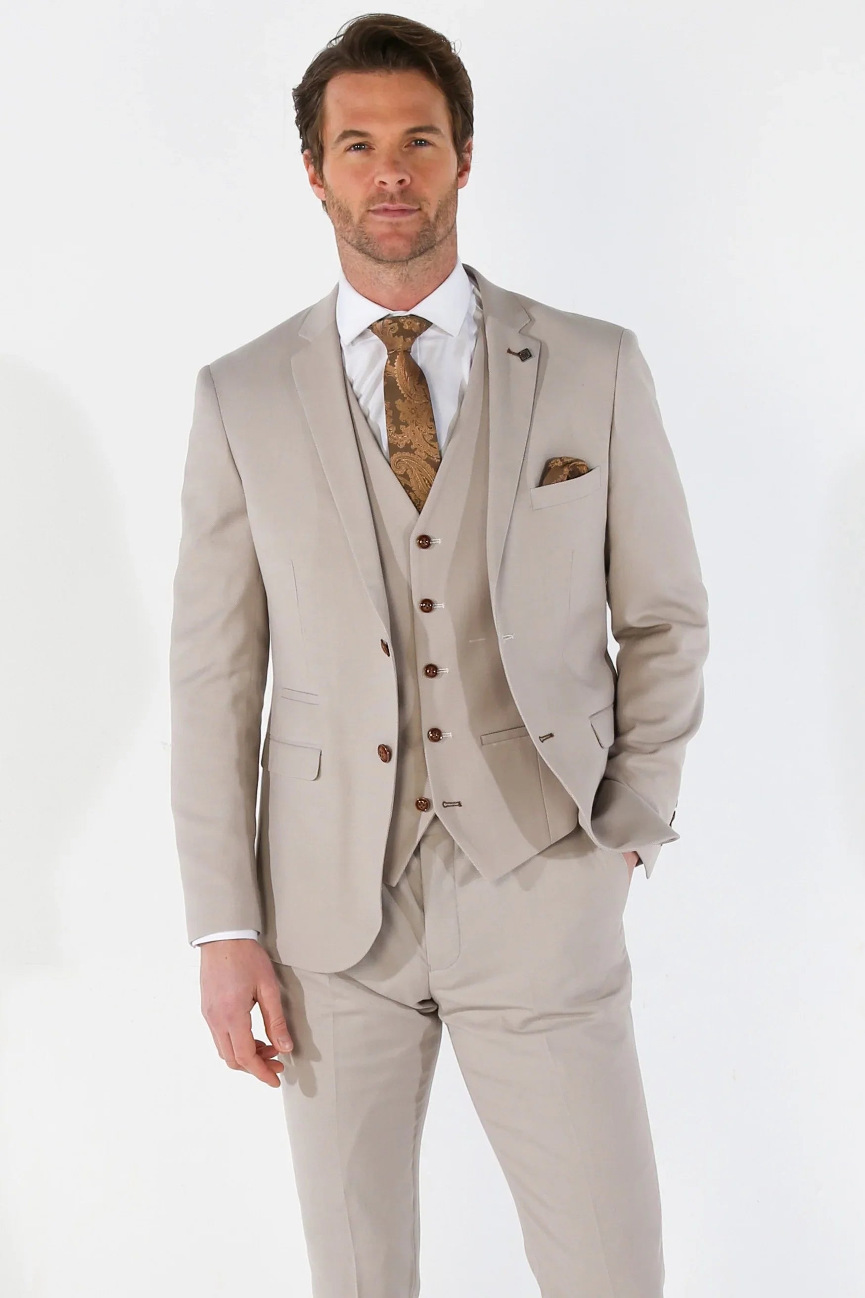 Mayfair - Men's 3 Peice Beige Birdseye Wedding Suit