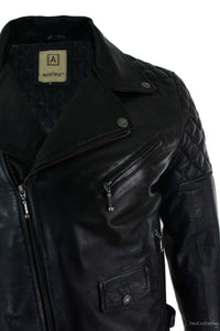 Real Leather Cross Zip Mens Biker Jacket Black Tailored Fit Retro Casual
