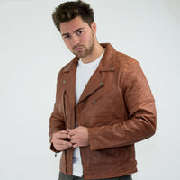 Real Leather Vintage Washed Brown Timber Mens Biker Jacket Cross Zip Retro Casual-Nevada Timber