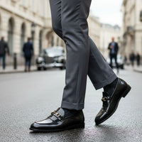 Férfi fekete lakkbőr slip-on mokaszinok