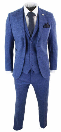 Men's Blue Herringbone 3 Piece Tweeed Suit - STZ11
