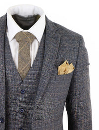 Mens 3 Piece Tweed Check Suit - Navy Blue