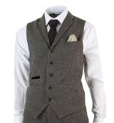 Mens 3 Piece Wool Blend Herringbone Tweed Suit Brown Vintage Tailored Fit Tan