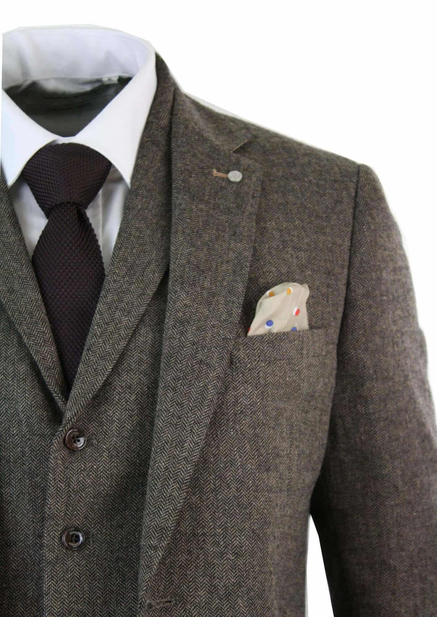 Mens 3 Piece Wool Blend Herringbone Tweed Suit Brown Vintage Tailored Fit Tan