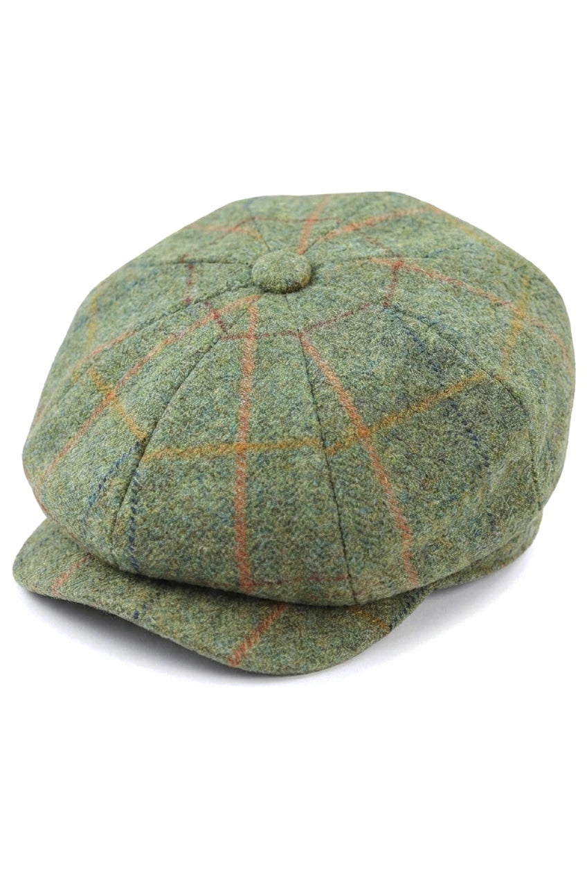 Férfi 8 paneles borotvakalap, tweed sapka, lapos sapka, zöld kockás, újságos sapka