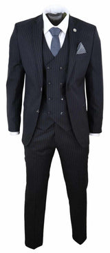Mens  Black 3 Piece Pinstripe Suit