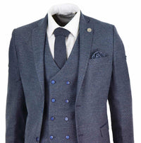 Mens Blue 3 Piece Suit with Double Breasted Waistcoat