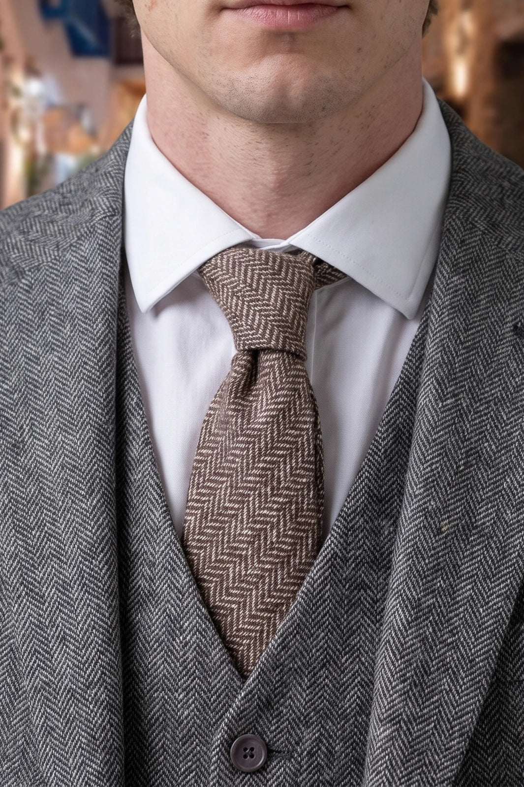 Férfi barna tweed halszálkás kockás nyakkendő