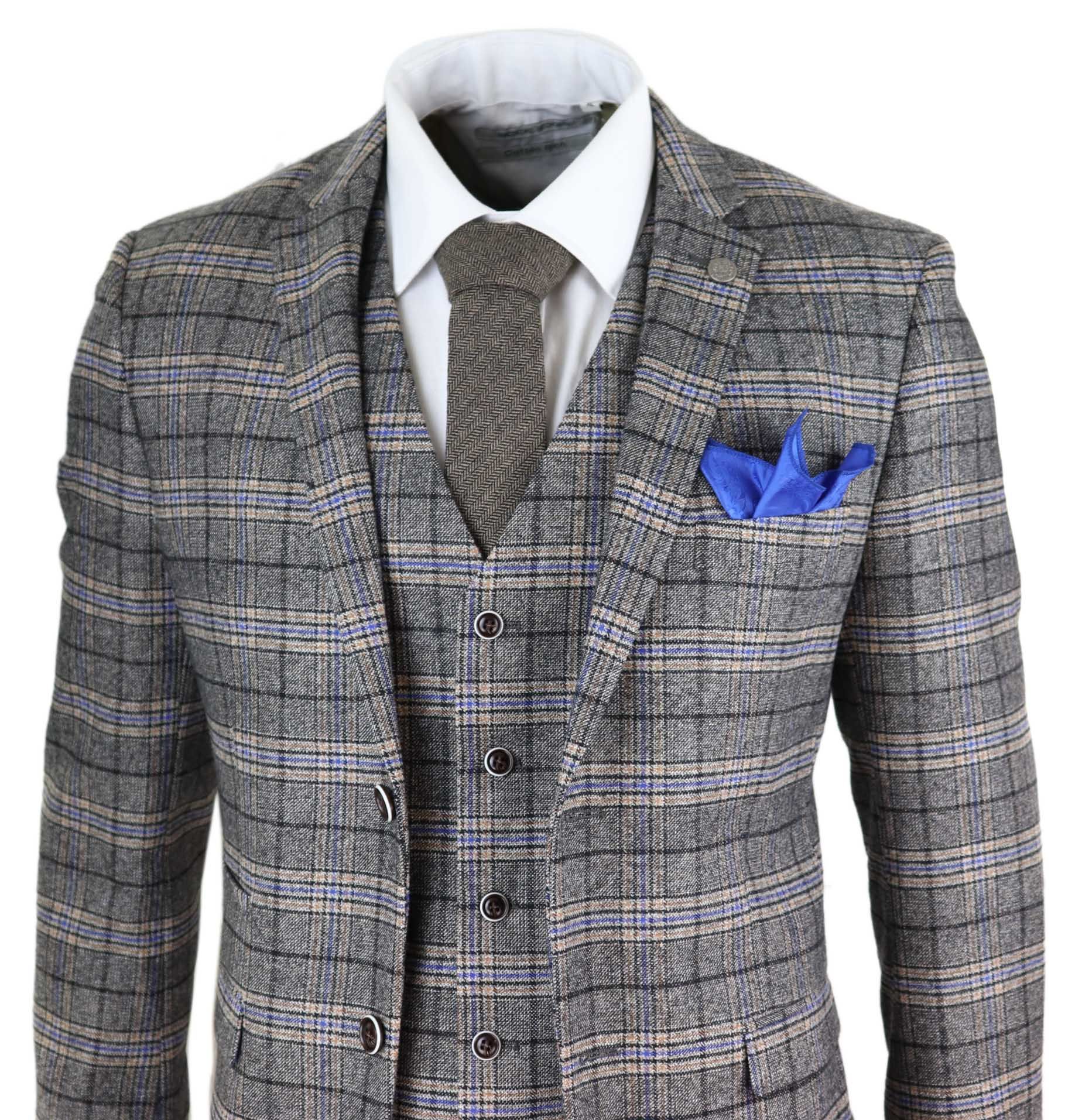 Mens Grey 3 Piece Tweed Check Suit